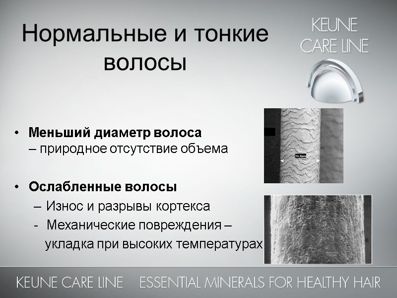 Нормальные и тонкие волосы  Меньший диаметр волоса – природное отсутствие объема  Ослабленные